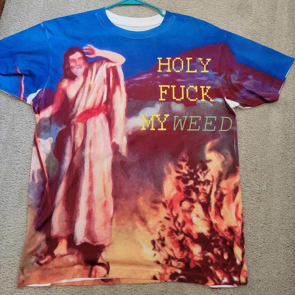 Shirtwascash Hallucinating Moses naughty 420 meme adult polyester T-shirt XL